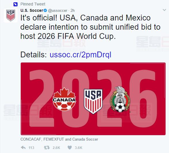 头一回 加拿大美国墨西哥联合申办2026世界杯