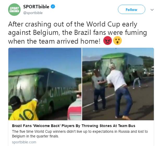 真怒了！巴西队大巴回国被砸 球迷扔石头泄火