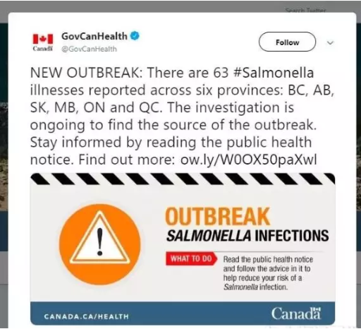 警告！沙门氏菌肆虐半个加拿大 68人感染2死
