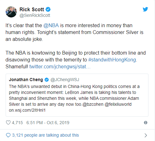 美国政要纷纷谴责NBA服软北京：出卖人权可耻