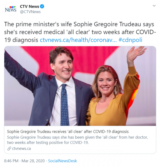 确诊两周后 加拿大总理夫人苏菲宣布已经痊愈