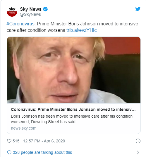 英国首相约翰逊病情恶化 转入重症监护室