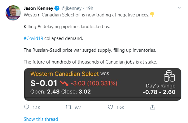 史诗级崩盘！加拿大首现负油价 美国原油-37元