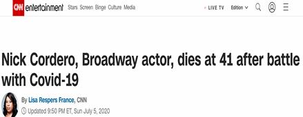 百老汇演员科德罗感染新冠去世 曾因并发症截肢