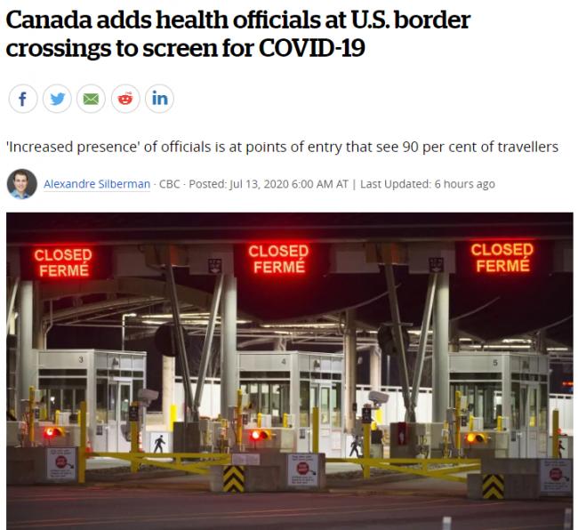 美国太危险，加拿大在边境增设卫生官员筛查新冠