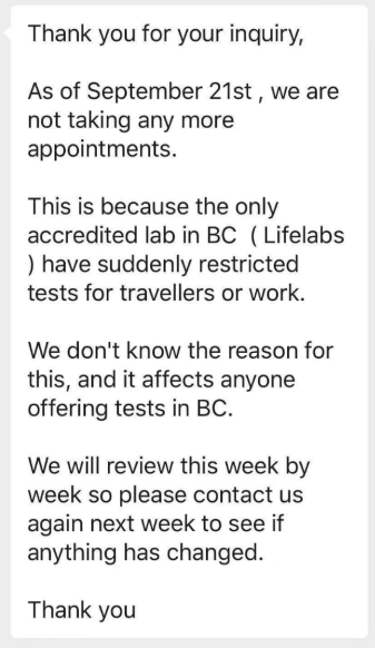 温哥华实验室暂停无症状核酸测试 众人回国无望