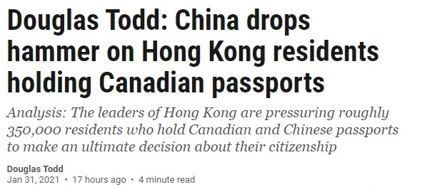 中国打击双重国籍：香港加拿大人临二选一难题