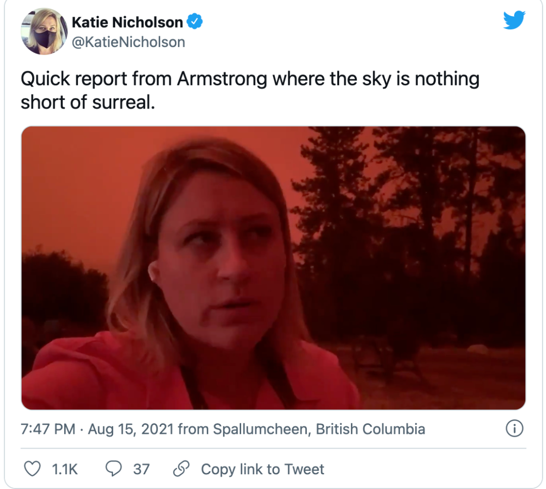 壮观！加拿大这里在推特上刷屏了: 橙色天空，浓雾笼罩...