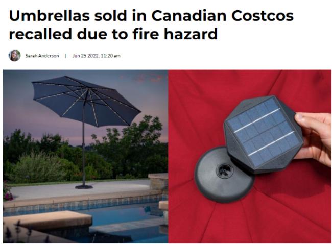 注意！Costco这款遮阳伞要自燃 已卖出43万把