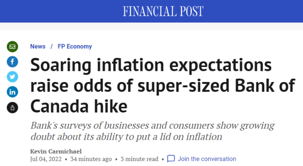加拿大央行：通胀预期创新高 大规模加息成定局
