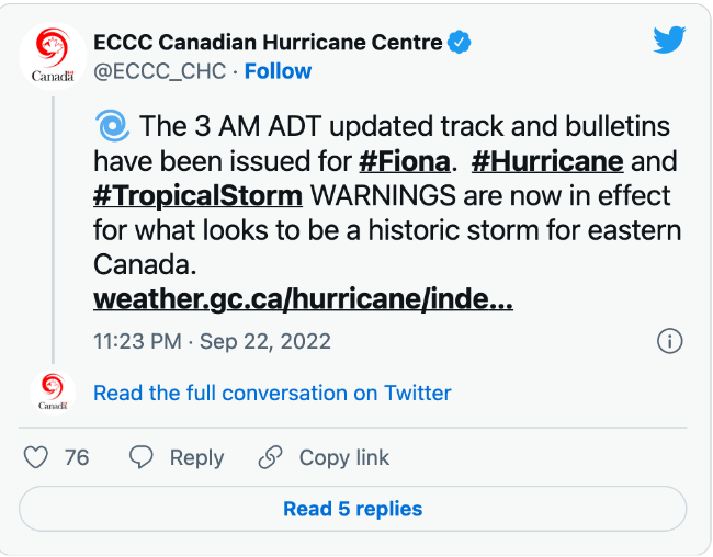 加拿大环境部发布紧急警报：菲奥娜将成为加拿大东部的“历史性风暴”