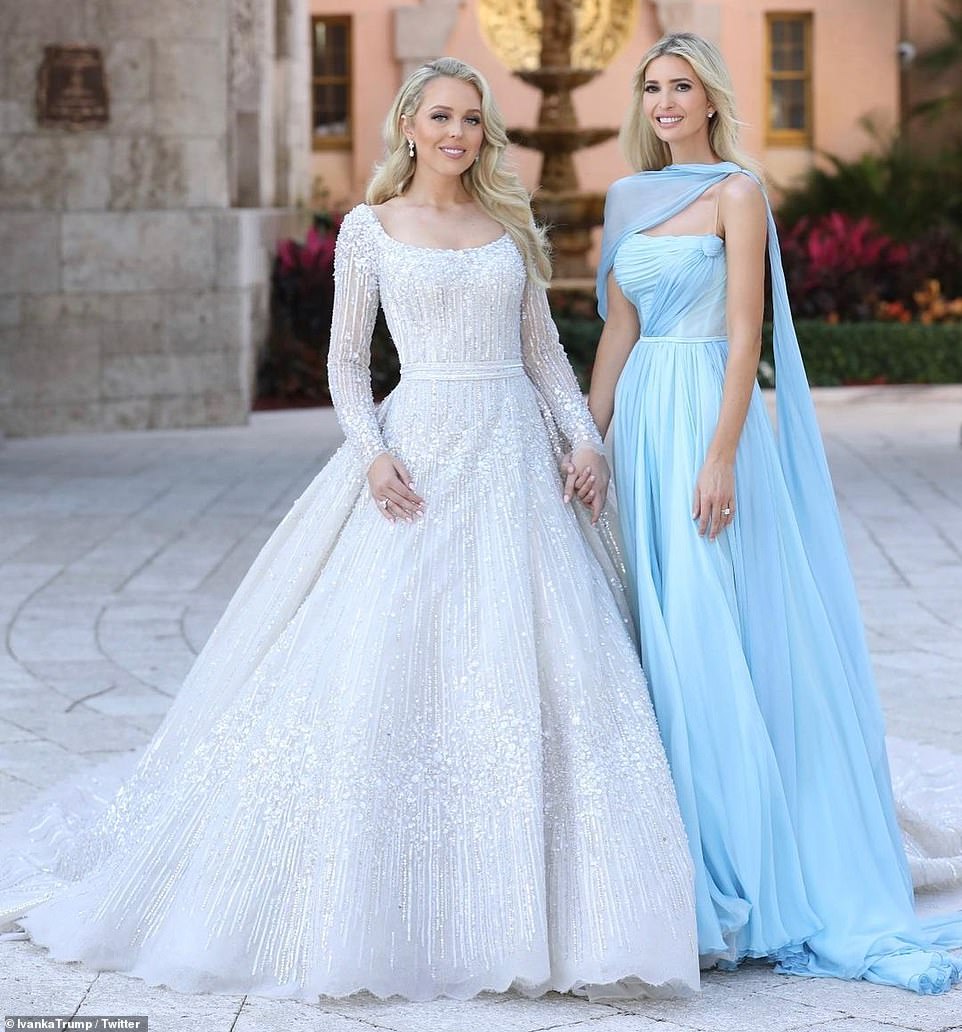 Ivanka served as the maid of honor for her little sister's wedding, donning a powder blue Elie Saab dress