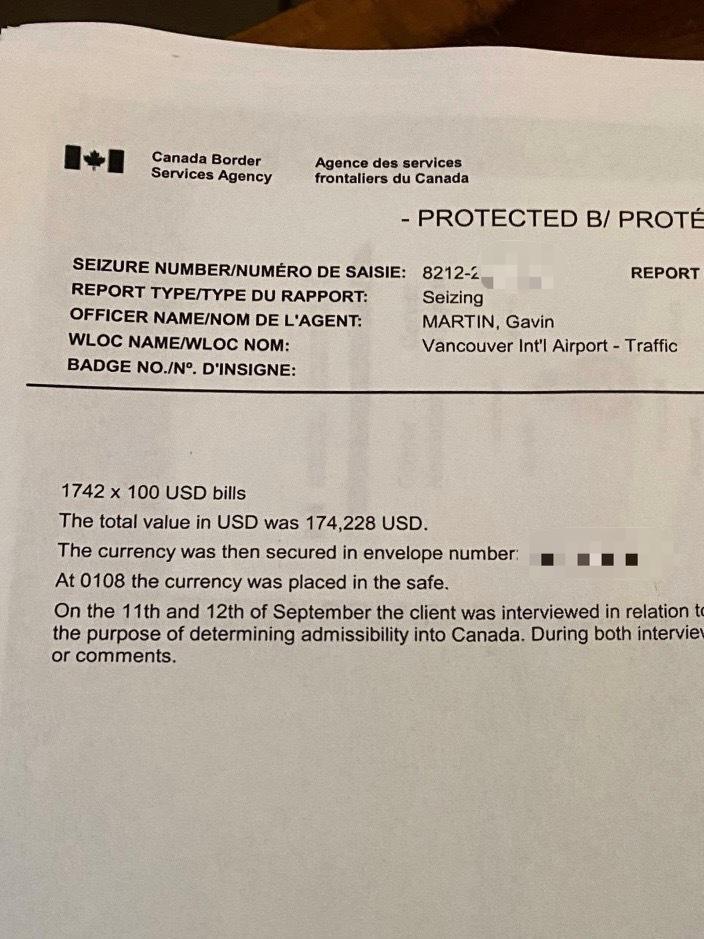 加拿大边境服务局的来信中明确列出了被没收的现金总额。（图：受访者提供）