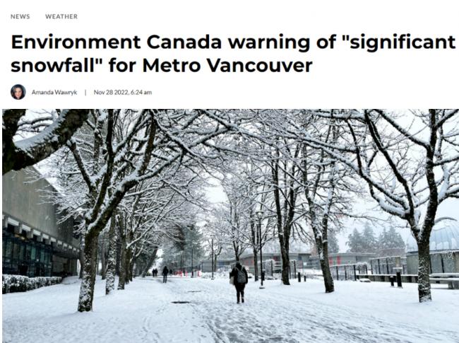 加拿大环境部预警：风暴将袭卑诗 降雪达20厘米