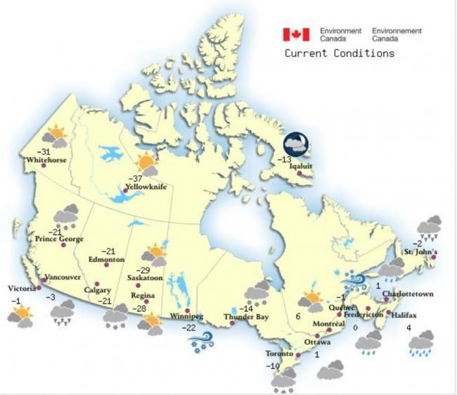 今天加拿大最热和最冷的地方差了61°C，最冷-51.9°C