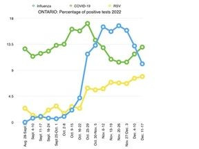 Dec. 28, 2022: Triple threat: This chart shows the percentage of positive test results for influenza, COVID-19 and RSV in Ontario this fall and early winter. Source of data: Public Health Ontario.