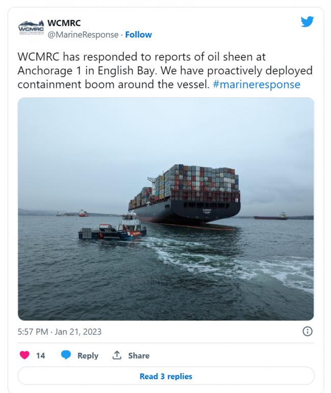 温哥华英吉利湾又漏油了 100升石油漏入大海
