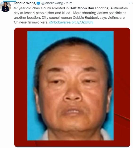 加州农场发生7死枪案，67岁的嫌犯赵春利遭警方逮捕。(取自推特)