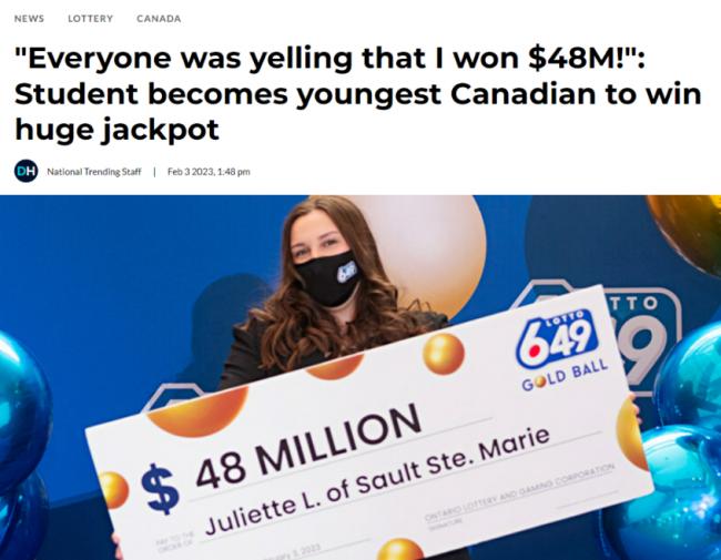 运气!加拿大18岁女孩第1次买彩票就中了00万