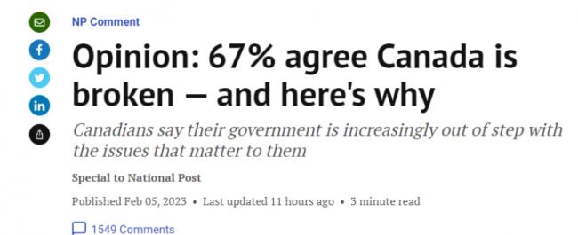 国家邮报：67%的人认为加拿大已经崩溃 原因是这