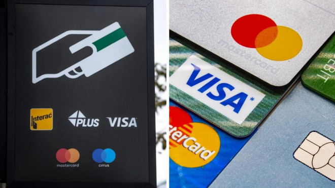 An ATM sign. Right: Several Canadian credit cards.