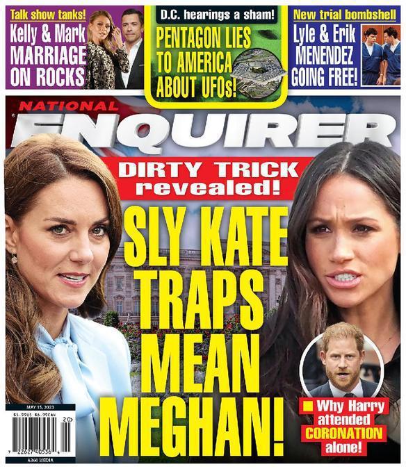 八卦刊物封面称凯特（左）设计对付梅根。（取材自National Enquirer...