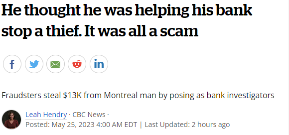 加拿大男子以为在帮银行抓小偷 结果被骗走1万3