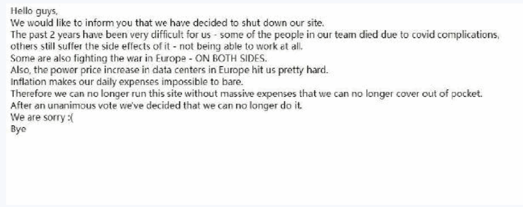 营运者在网站上发布一布简单的声明，解释关站原因。