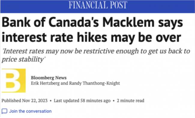 加拿大央行首次表态：利率见顶！房奴松口气！