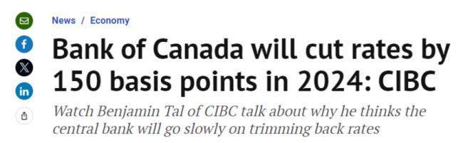 CIBC：加拿大明年将大幅降息150基点 重现3时代