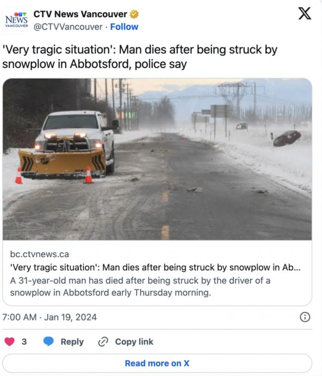 大温铲雪车撞31岁男子身亡！又有私家车被铲