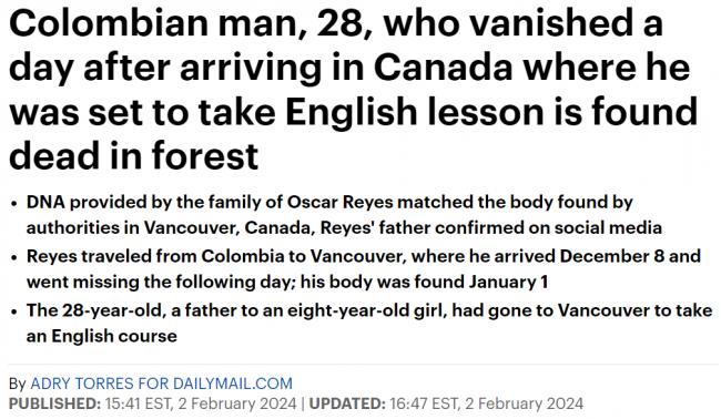 加拿大28岁留学生落地1天失踪 浮尸河中