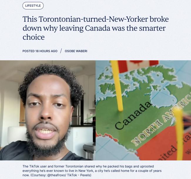 多伦多男子变身纽约客：“加拿大是山寨版美国”