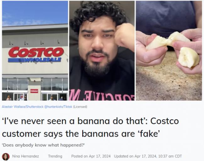 Costco顾客吐槽买到的香蕉是假的：很硬，掰不动