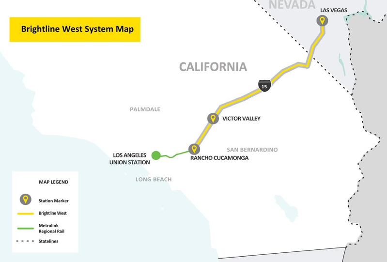 Brightline West高铁连结南加州和赌城，但需要Metrolink车协...