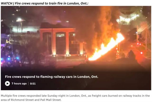 加拿大火车在市中心起火 多节车厢被大火烧毁