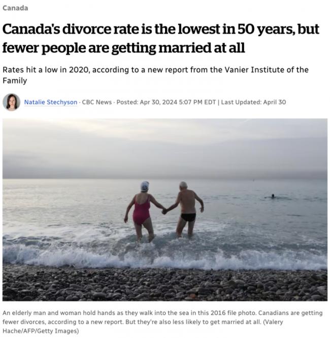 加拿大离婚率达50年来最低 但结婚的也越来越少
