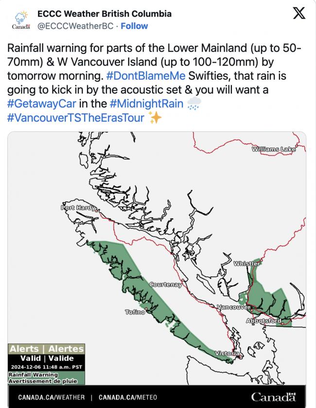 今晚开始：120毫米暴雨+300毫米暴雪来袭！霉霉今晚温哥华开唱，出行千万注意