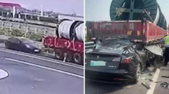 TESLA直插货车车尾严重变形 司机“当场不行了”
