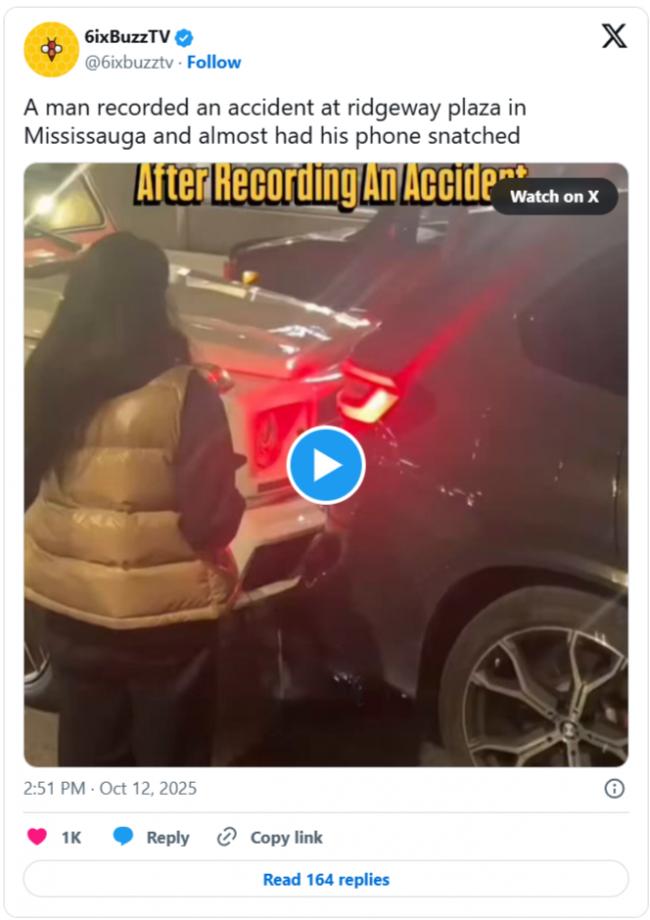 奔驰撞宝马后 加拿大包头大妈要抢拍摄者手机