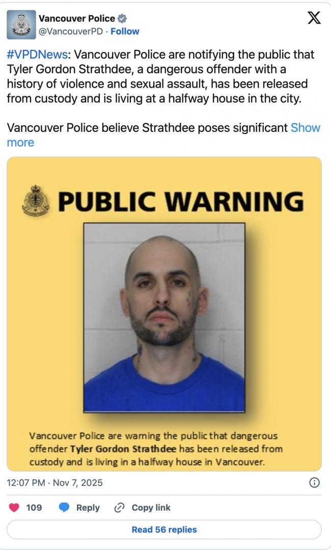 警方警告！这个高危犯又来温哥华居住