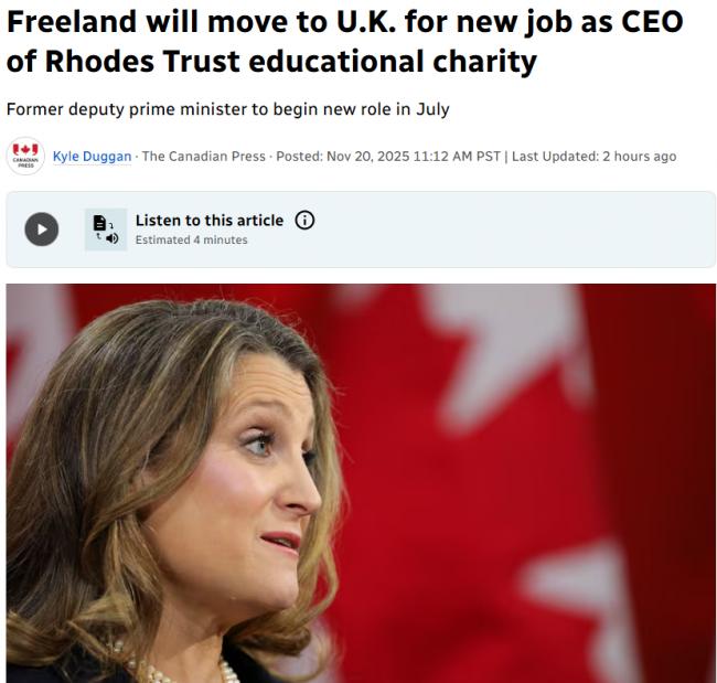 突发! 加拿大前财长方慧兰将移居英国 网友炸锅