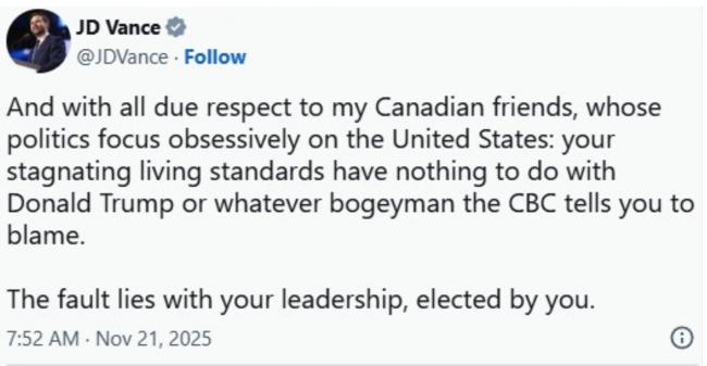 美副总统罕见开炮：加拿大生活水平下滑自找的