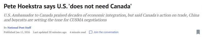 惊人! 美驻加大使: 美国不需要加拿大 点名中国