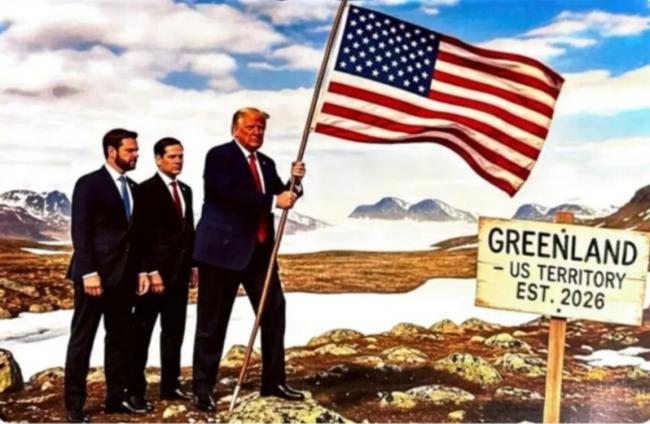 川普发布图片：手持星条旗，登上格陵兰岛