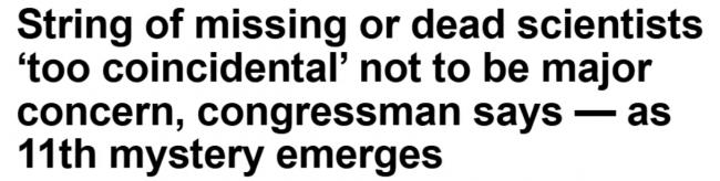 美尖端领域11位科学家连环惨死或失踪! 川普发声