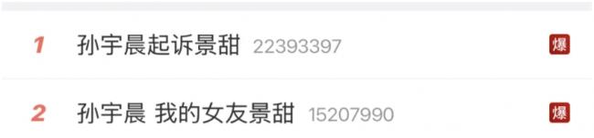 热搜第一! 孙宇晨起诉景甜要求退还3000万彩礼
