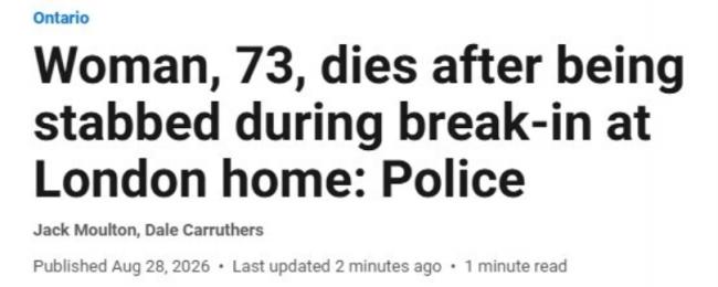 可怕! 加拿大73岁老妇在家遭陌生男子闯入刺死